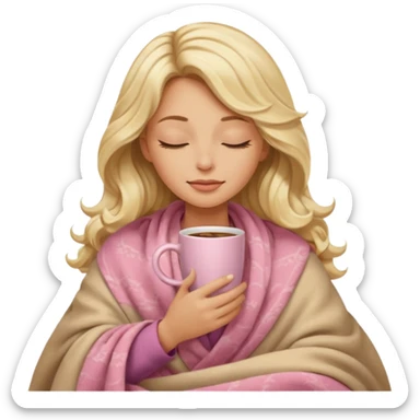 Blonde long wavy hair lady inside a beige and light pink blanket sipping coffe with eyes closed  sticker