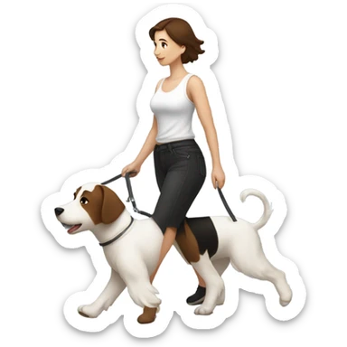Woman with short brown hair in black tanktop walking one large white terrier sticker