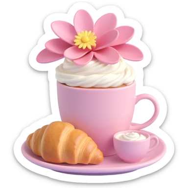 pastel pink coffee cup with a flower and bow, on a saucer, next to a croissant with white icing, white background sticker