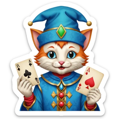 crazy colorful cute little cat jolly joker from poker, medieval, vintage, court jester, mac os icon, blue color, holds an ace poker card (clearly detailed and precise) sticker