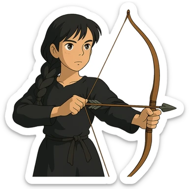 ghibli style girl with olive skin, gray eyes, black hair in a side braid, black outfit, bow and arrow sticker