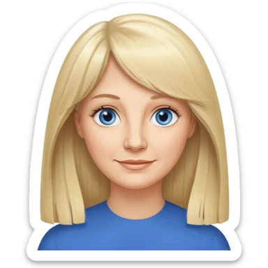 50 yr old white woman, curtain bangs, very long straight blond hair, oval face, small smile, blue eyes, thin face, hair down to elbows, round cheeks, pale, longer hair sticker
