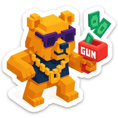 Russian grizzly bear in a rapper pose, wearing a chain and holding a money gun sticker