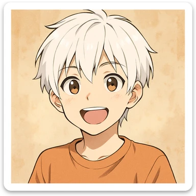 anime style boy with short white hair, cheerful look sticker
