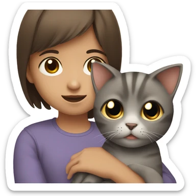 little girl with short brown hair and big brown eyes holding a gray cat in her hands sticker