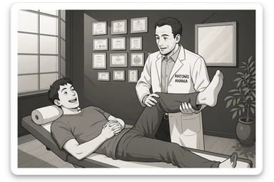 su questo lettino rappresenta un webtoon manga a colori con questo stile, in cui un uomo è steso sul lettino medico e il kinesiologo con il camice bianco (fagli anche la scritta "ANTONIO ANANIA" SUL CAMICE, gli solleva una gamba per fargli il test neuromuscolare, IL KINESIOLOGO SPIEGA ALL'UOMO UNA cosa mentre gli alza la gamba. l'espressione dell'uomo è felice e soddisfatta, non fare i fumetti però, fai solo in modo che sembri stiano parlando sticker