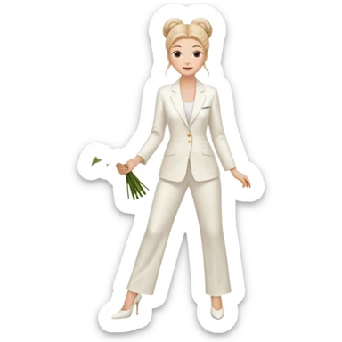 Chica blanca, traje pantalón blanco ancho, muy largo zapatos blancos tacon pelo recogido con mondongos mechones sueltos castaño ycuerpo entero ramo de flores sticker