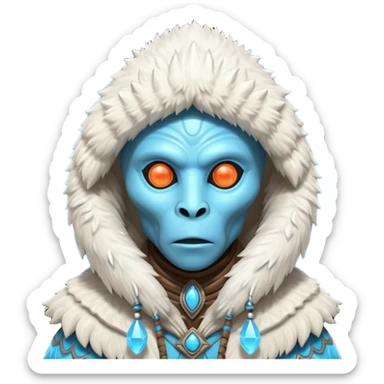 ancient arctic alien shaman portrait, head and shoulders only, Inuit-inspired fur hood, carved bone ornaments, glowing cosmic eyes, icy alien skin, spiritual sci-fi vibe, 3D cartoon, mobile game icon style, clean background, no text, no watermark


 sticker