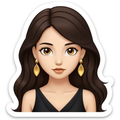 Beautiful woman,cute, long dark brown hair in dark dress with gold earrings sticker