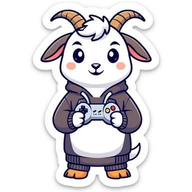 Cute goat wearing sweatshirt holding video game controller  sticker