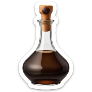 elegant glass bottle of balsamic vinegar, dark brown or ruby liquid, round or square base, slender neck, cork or metallic cap, dark glass with reflections, blank label optional, 3D clean style, transparent background sticker