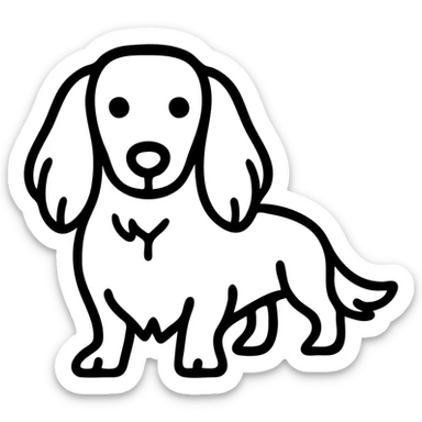 Draw a long-haired dachshund in a black and white line art style with clean outlines, no shading, and no background. sticker