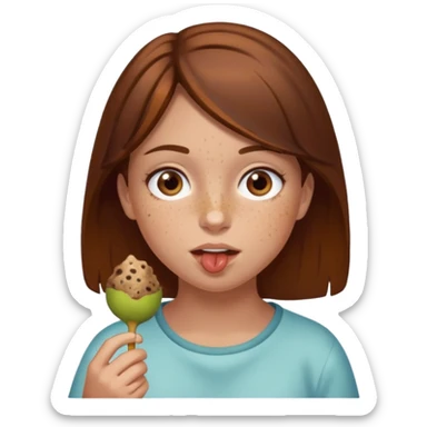 Brown hair girl with brown eyes and freckles eating poo sticker