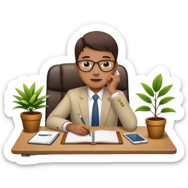 imagen de oficina con escritorio, silla, notebook, agenda y una plata con un cartel que diga FUERA DE OFICINA sticker