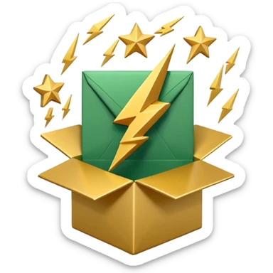 3D minimal open box with small floating icons coming out (envelope, lightning bolt, star), soft matte finish, deep green (#0B3D2C) box, gold (#C9B037) floating icons, Apple style, ultra clean and sleek, very soft ambient shadow, transparent background sticker