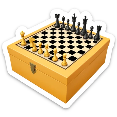 luxury cardboard box open with chessboard partially visible and chess pieces floating around scattered, emoji style sticker
