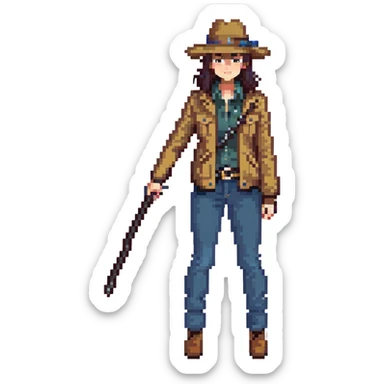 Lemeza Kosugi from La-Mulana, pixel art style, brown explorer hat, tan jacket, blue jeans, whip, confident pose, retro video game look sticker