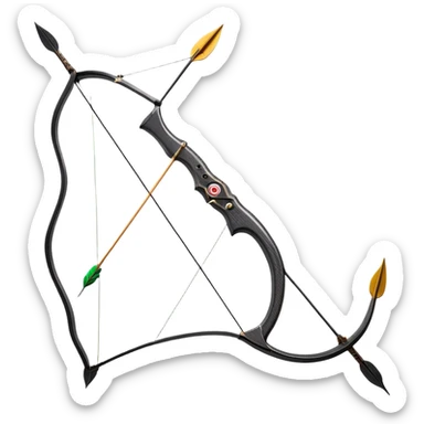 A professional recurve bow with an arrow nocked, ready to be released. The target features concentric rings, placed at a distance. The emphasis is on the bow, arrow, and target, highlighting the precision, focus, and skill involved in competitive archery. sticker