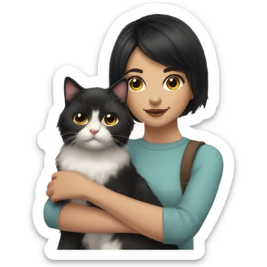 Pretty girl with short black hair along with fluffy cat sticker