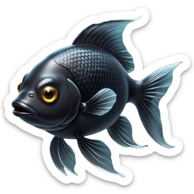 Cinematic Noble Black Goldfish Portrait Emoji, Poised and regal, with a sleek, streamlined build and a lustrous, deep black body, deep-set soulful golden eyes, Simplified yet sharp and sophisticated features, highly detailed, glowing with a soft, dignified glow, high shine, intelligent and graceful, stylized with an air of aquatic elegance, focused and attentive, soft glowing outline, capturing the essence of a watchful and confident aquatic companion, so majestic it feels as though it could glide out of the screen with effortless authority! sticker