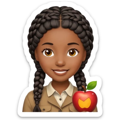 smiling black girl with black braided hair and warm brown eyes, close-up face only, very polished and attractive, Apple emoji style sticker