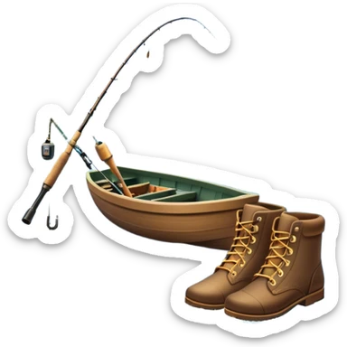 Icon for Fishing Travel: a fishing rod, tackle box, boots, and a boat by a serene lake, with fish jumping out of the water and surrounded by lush nature. The icon should capture the peaceful and adventurous spirit of fishing trips. Transparent background. sticker