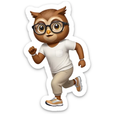 friendly anthropomorphised owl in pants and a shirt, wearing glasses, jogging upright, relaxed pose sticker