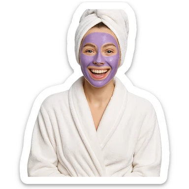 girl in a towel robe, purple clay mask, hair wrapped in towel, cheerful mood sticker