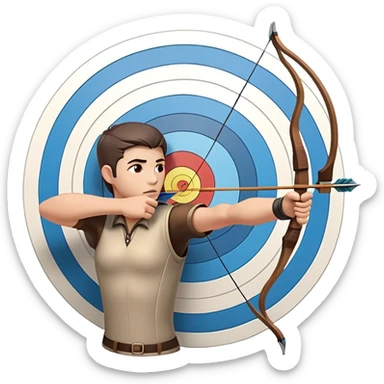 An archer drawing a bow and aiming an arrow at a target, with perfect focus and precision. The target is visible in the background, featuring concentric rings. The scene captures the concentration and skill involved in archery, emphasizing the elegance and accuracy of the sport. sticker