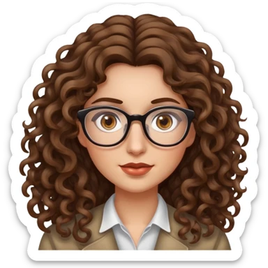heavy, woman, long curly highlighted brown hair, very fair skin, feminine, hazel eyes, glasses sticker
