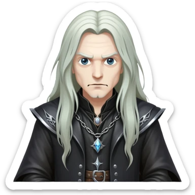 wizard with long hair, heavy metal aesthetic, leather clothes, dark magic sticker