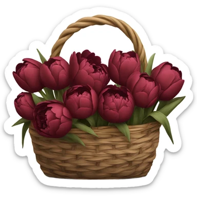 a large black basket of flowers consisting of dark red peonies in shades of burgundy and tulips in shades of red sticker