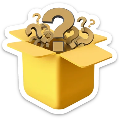 yellow cube shaped box filled with over stuffed question marks sticker