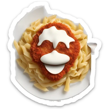 Chicken cutlet with mozzerella cheese and marinara sauce, over a bed of pasta sticker