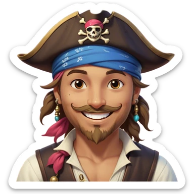 Clash of Clans aesthetic Playful Pirate Portrait Emoji, Head tilted with a roguish, cheeky grin and twinkling eyes, featuring a compact, spirited build with a jaunty hat and a quirky bandana, his natural skin tone evident, Simplified yet irresistibly charming features, highly detailed, glowing with a warm, inviting oceanic glow, high shine, spirited and lively, stylized with an air of whimsical maritime mischief, soft glowing outline, capturing the essence of a playful pirate exuding friendly rogue charm! sticker