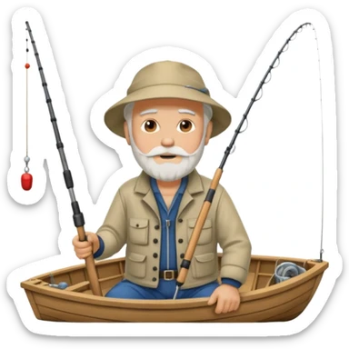 an old white haired, bearded man in fisherman attire, sat in a boat at sea, holding a fishing rod, with the end of the fishing line in the water sticker