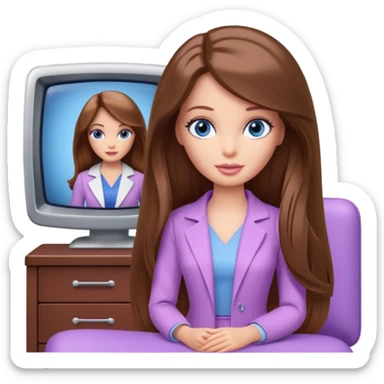 beautiful barbie girl with long brown hair, blue eyes and wearing light purple clothes watching tv show doctor who sticker