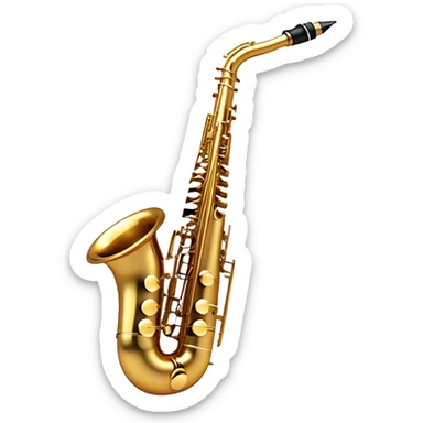 Create a sleek and sophisticated emoji representing a saxophone. The design should feature the shiny, golden body of the saxophone, with its smooth curves and metal keys clearly visible. Include subtle details like the mouthpiece with the reed and the bell at the end of the instrument. The keys should be delicately arranged, capturing the intricacy of the instrument. Use warm golden tones for the saxophone and add small musical notes floating around to evoke the smooth, soulful sound of the saxophone. The background should be transparent. sticker