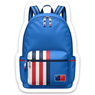 simple blue backpack, at the bottom pocket there is a  one tommyjeans logo featuring a Tommy Jeans-inspired logo. The logo looks like a vertically-flag in red, white. The flag stripes are vertical, not horizontal. Flat

 sticker