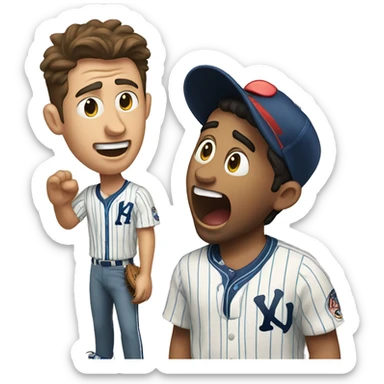 Man with brown hair wearing a hawaiian shirt yelling at a Latino baseball player wearing pinstripes  sticker