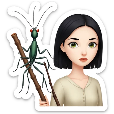 beautiful pale woman with black hair next to stick bug sticker