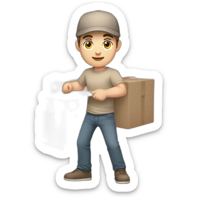 Pale skinned fit Man with dark brown hair in a beige cap, gray jeans and brown polo T-shirt keeping a pasted with tape white box into his hands sticker