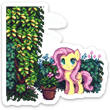 Fluttershy peeking from behind a bush pixel art style sticker