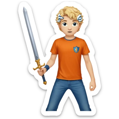 20 year old boy with curly blond hair and blue eyes with freckles wearing an orange no blue “Camp Halfblood” tshirt with the official percy jackson camp halfblood logo on it and blue jeans have him swinging a gold sword  sticker