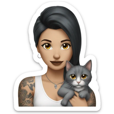 Beautiful dark haired tattooed woman holding gray and white long hair cat sticker