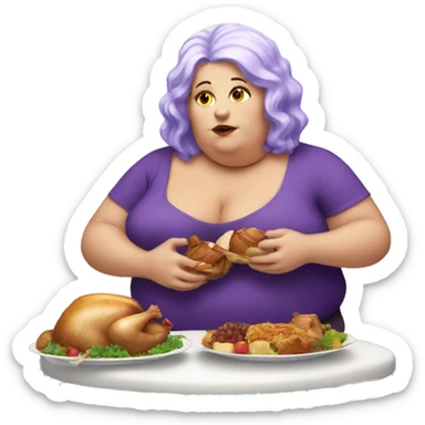 Fat white lady with purple hair sitting down eating turkey  sticker