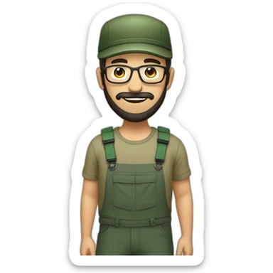 full body of an happy gardener face long dark beard and short dark hair with little transparent glasses and a army cap sticker
