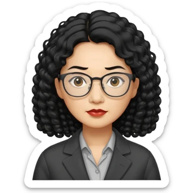 middle-aged Asian woman, long curly hair, small rectangular metal glasses, serious, manager style sticker