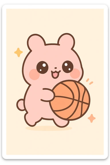 pink animal with a basketball, looking clumsy and adorable, kawaii style sticker