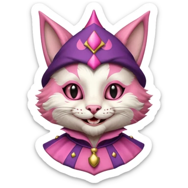 court jester cat medieval, single poker card joker clearly visible, pink, face only sticker